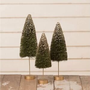 Bethany Lowe Emerald Green Gold Glow Bottle Brush Trees Set of 3 Christmas New
